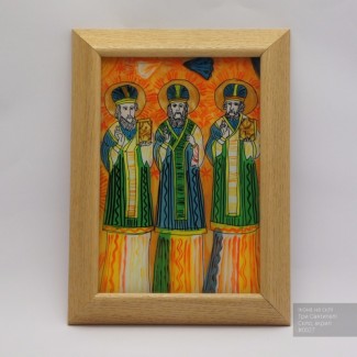 Три Святителя, Икона на стекле нарисована в народном стиле, 20x27 см