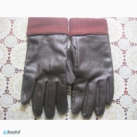 Перчатки кожаные мужские на флисе коричневые с вязаной отделкой