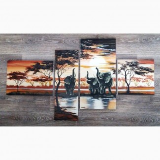 Картина, полиптих Африканские слоны, холст, масло