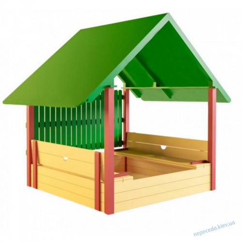 Фото 2. Песочница-домик с лавочками крышей и защитным забором