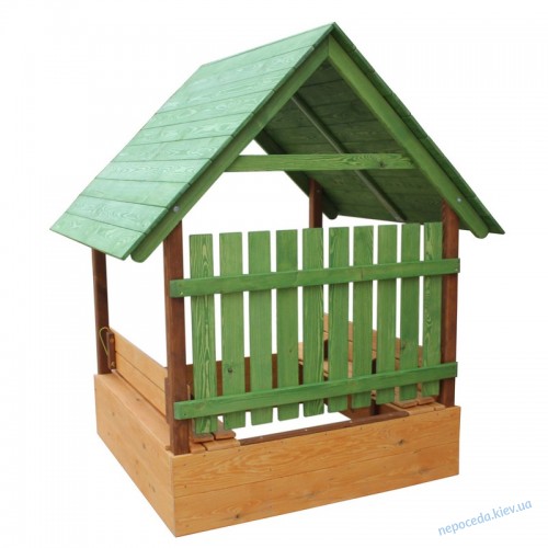 Фото 3. Песочница-домик с лавочками крышей и защитным забором