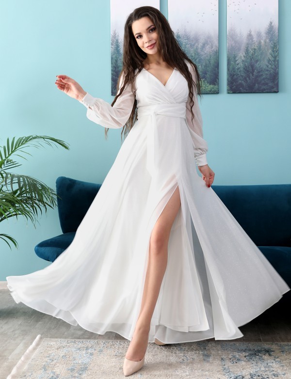 Фото 5. Графитовое и белое блестящие вечерние платья с рукавами