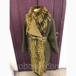 Пальто с натуральным мехом, материал альпака + мех чернобурки окрашенной в оливковый цвет